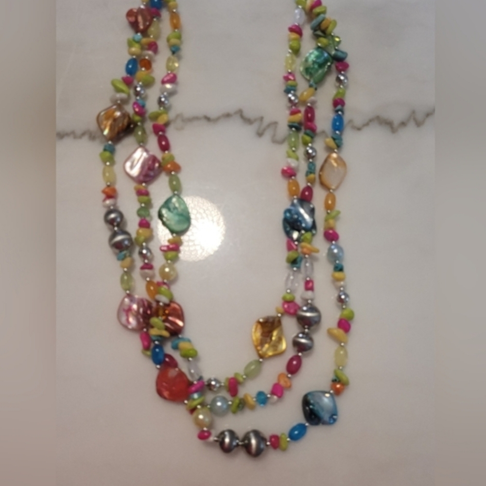 Smooth Stone Three Strand Chain Link Necklace In Pink, Blue, Yellow - Picture 2 of 7